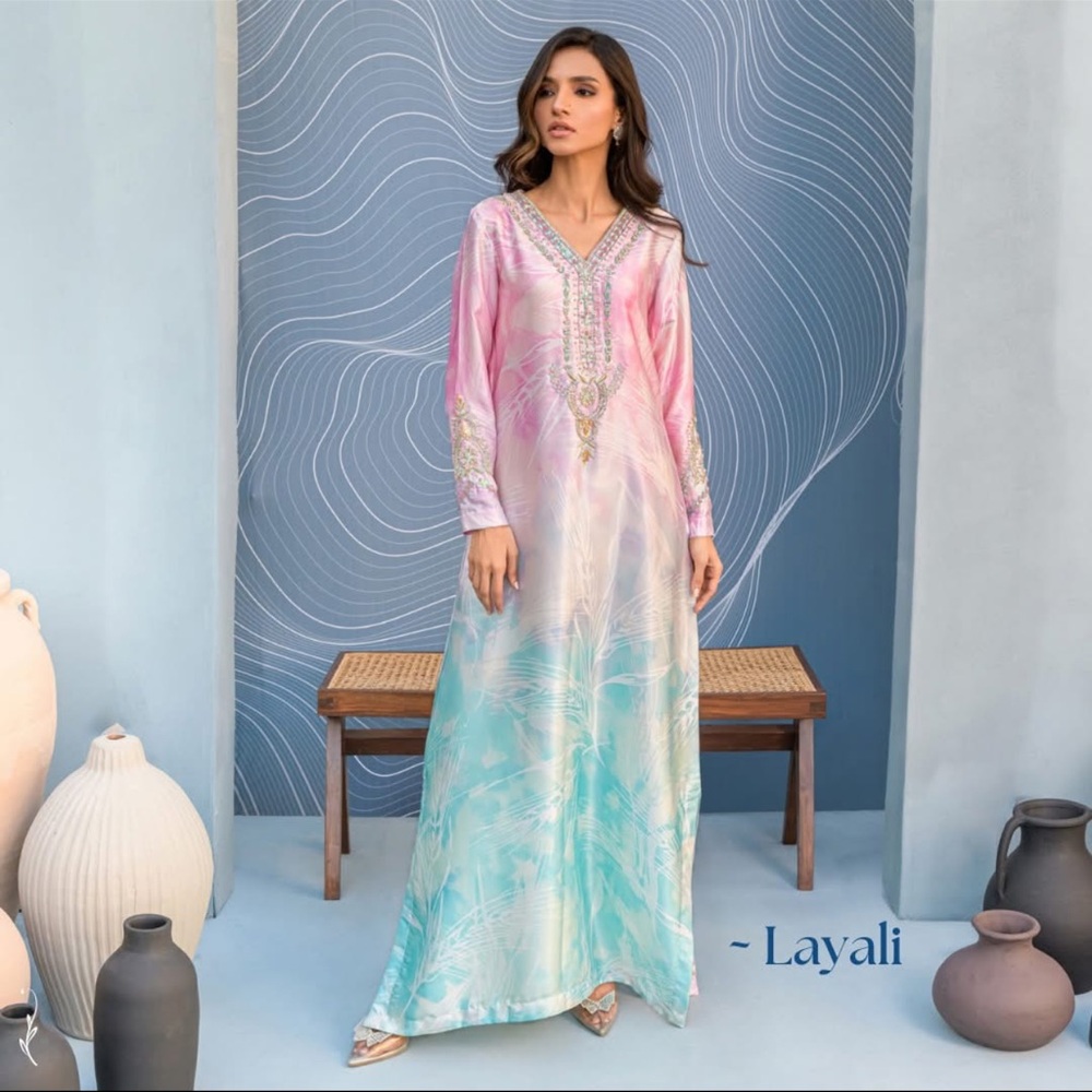Vibrant Pink and Blue Embroidered Kaftan